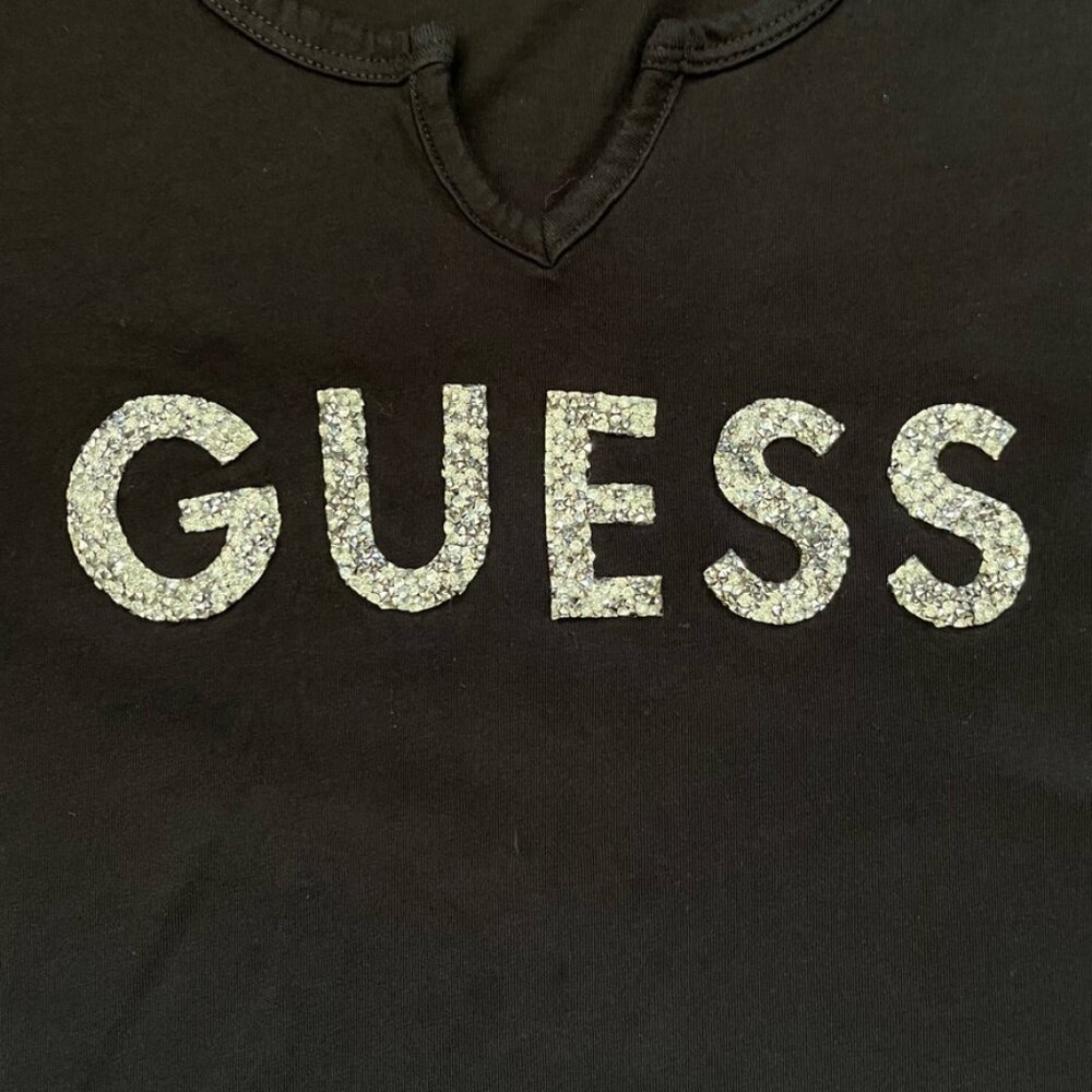 Guess Sparkle Logo 100% Cotton Notch V-Neck Tee Black XL - Picture 2 of 3